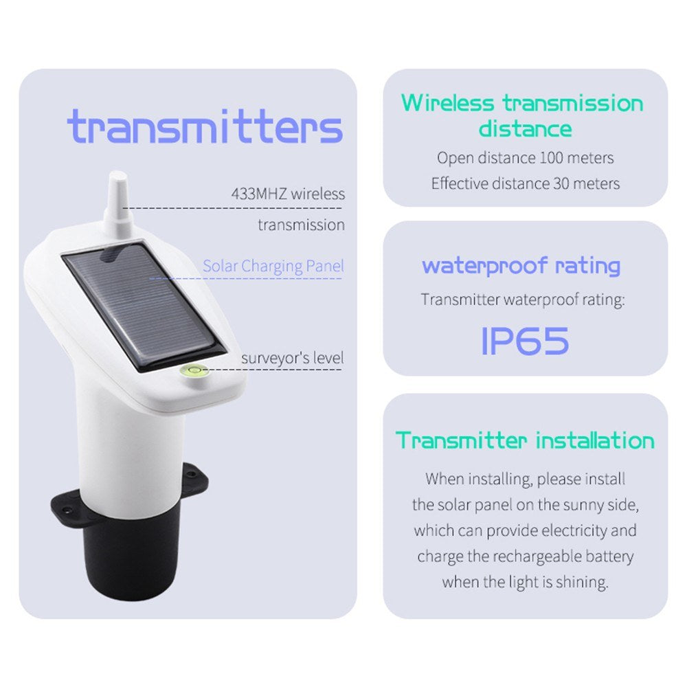 Solar-Powered Wireless Ultrasonic Water Level Monitor with High/Low Alarm and IP65 Waterproof Indicator Gauge
