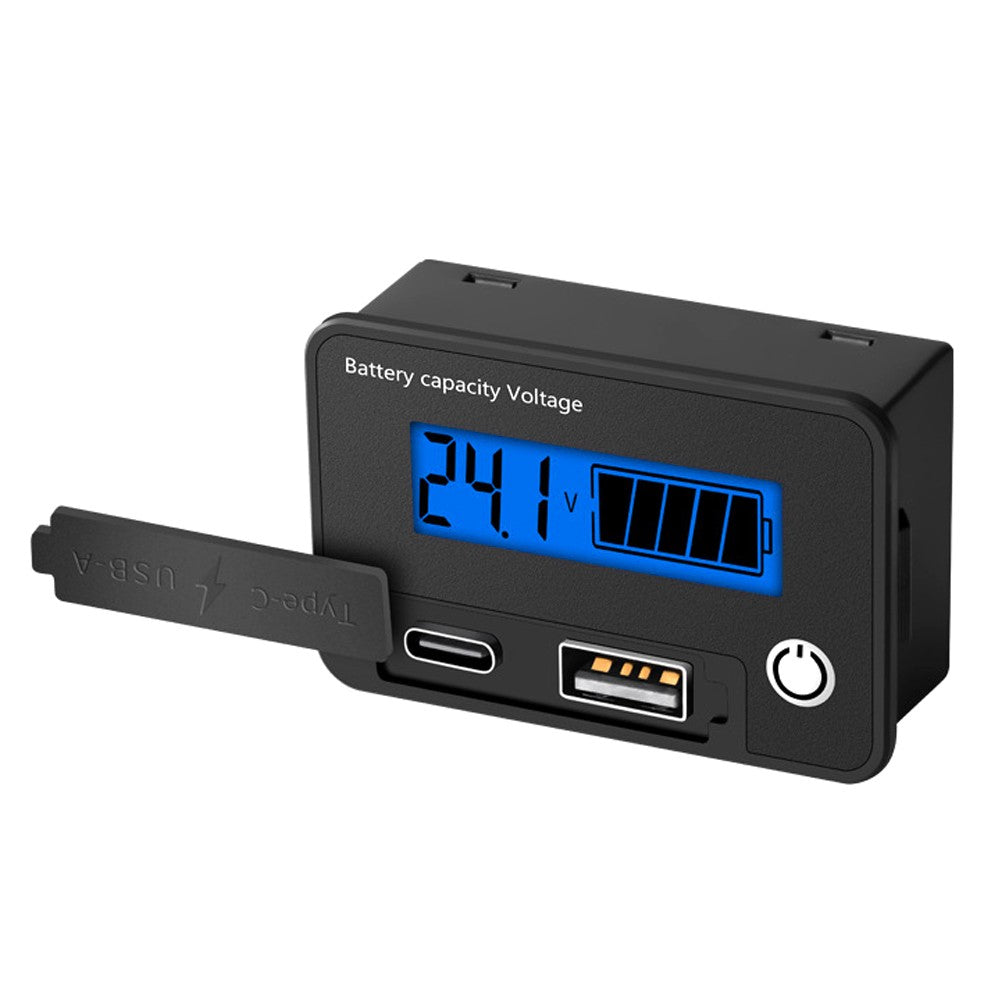 Digital Voltage Meter 8-30VDC, Dual Output USB-C & USB-A, Battery Tester with Alarm & Memory