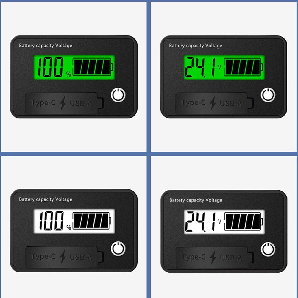 Digital Voltage Meter 8-30VDC, Dual Output USB-C & USB-A, Battery Tester with Alarm & Memory