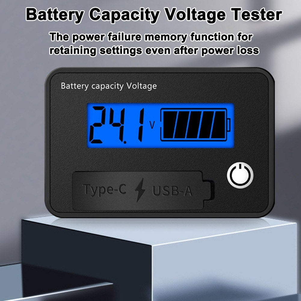 Digital Voltage Meter 8-30VDC, Dual Output USB-C & USB-A, Battery Tester with Alarm & Memory