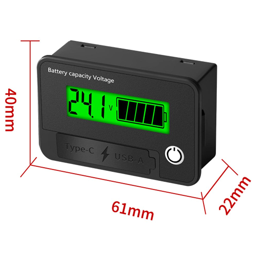 Digital Voltage Meter 8-30VDC, Dual Output USB-C & USB-A, Battery Tester with Alarm & Memory