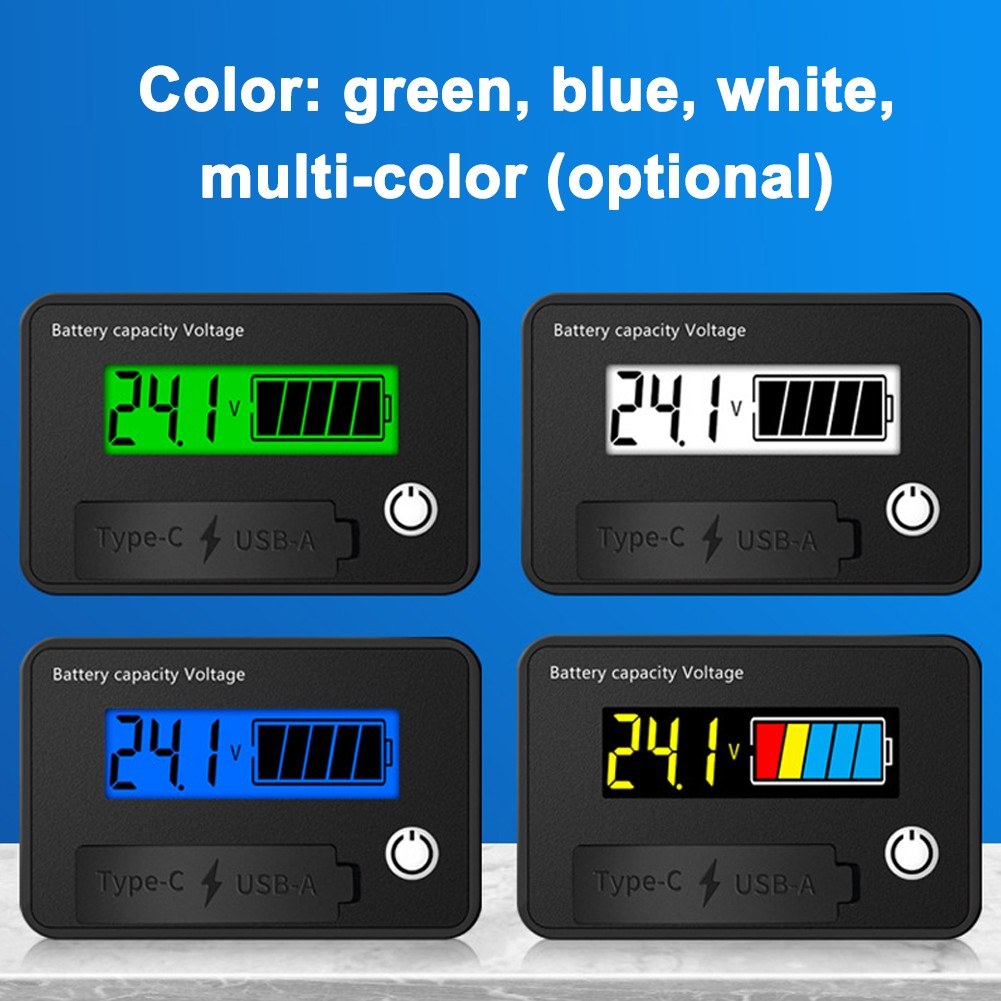 Digital Voltage Meter 8-30VDC, Dual Output USB-C & USB-A, Battery Tester with Alarm & Memory