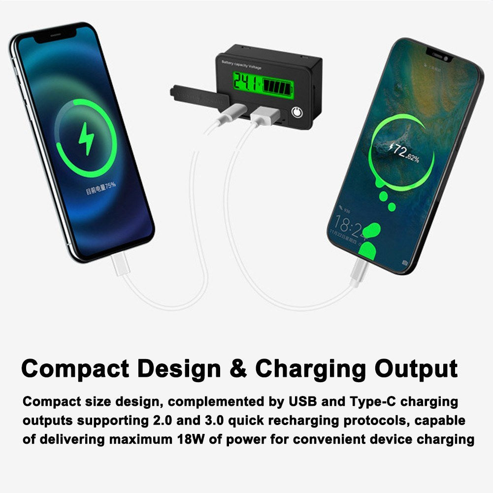 Digital Voltage Meter 8-30VDC, Dual Output USB-C & USB-A, Battery Tester with Alarm & Memory