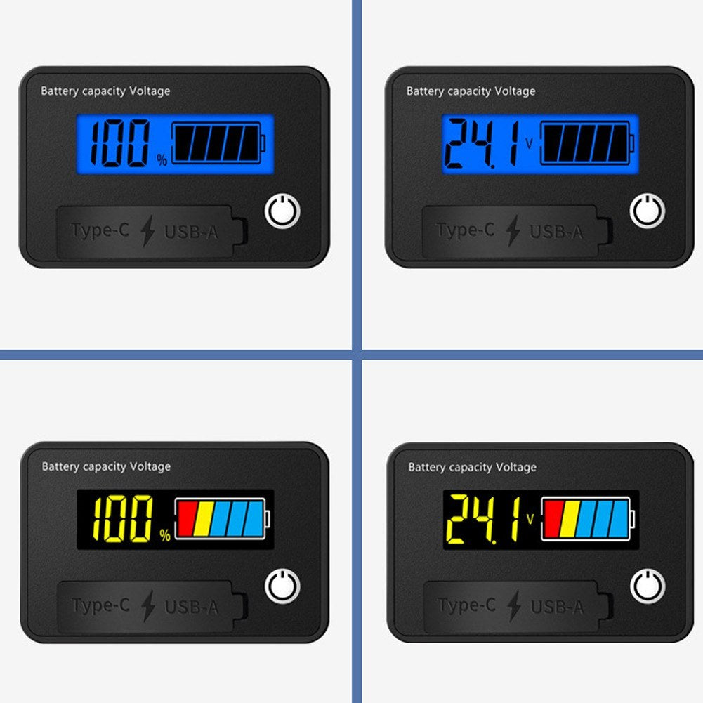 Digital Voltage Meter 8-30VDC, Dual Output USB-C & USB-A, Battery Tester with Alarm & Memory