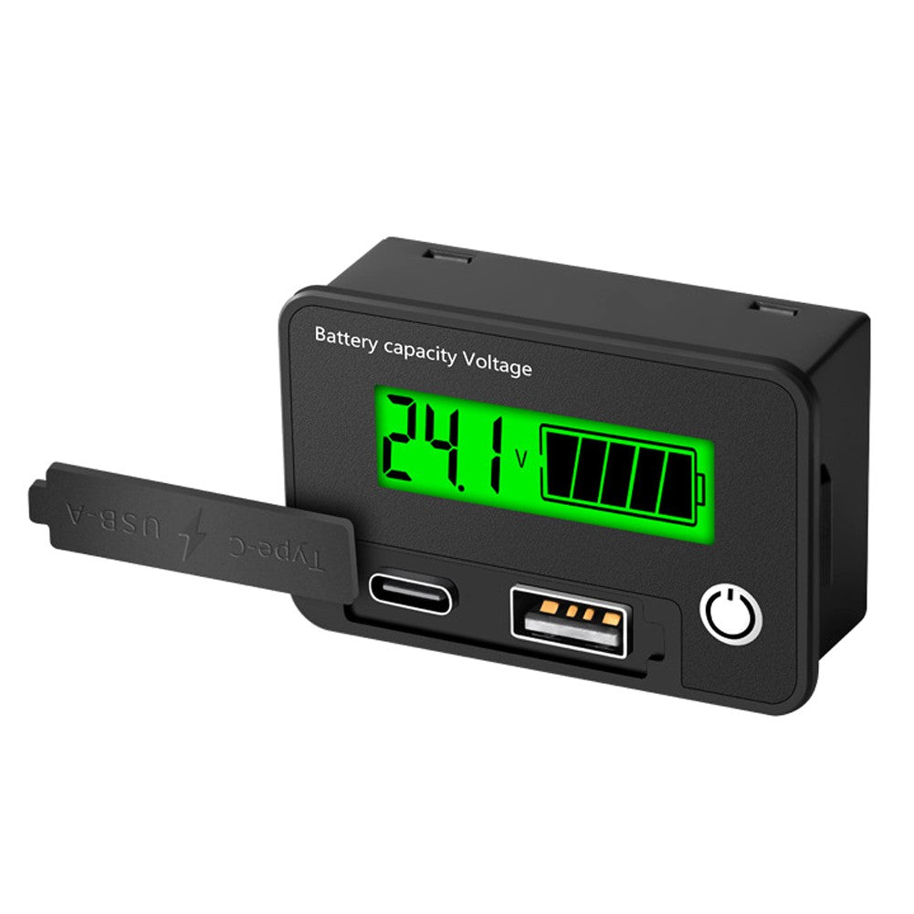 Digital Voltage Meter 8-30VDC, Dual Output USB-C & USB-A, Battery Tester with Alarm & Memory