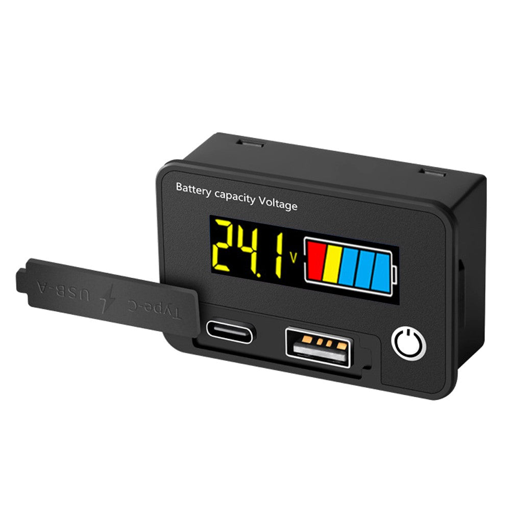 Digital Voltage Meter 8-30VDC, Dual Output USB-C & USB-A, Battery Tester with Alarm & Memory
