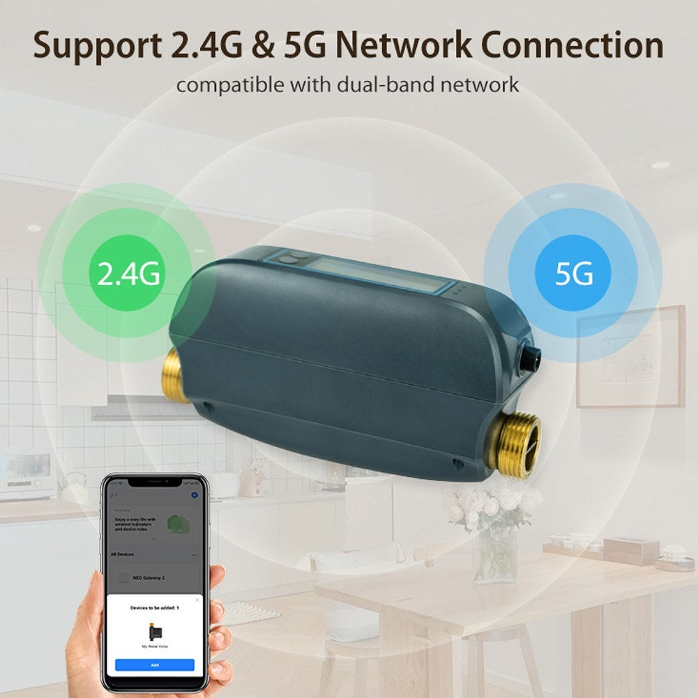 Tuya WiFi Smart Water Valve, Dual-Band Flow Meter, Mobile App Controlled Home Water Management, Compatible with Tmall Genie, Alexa, Google Assistant for Voice Control