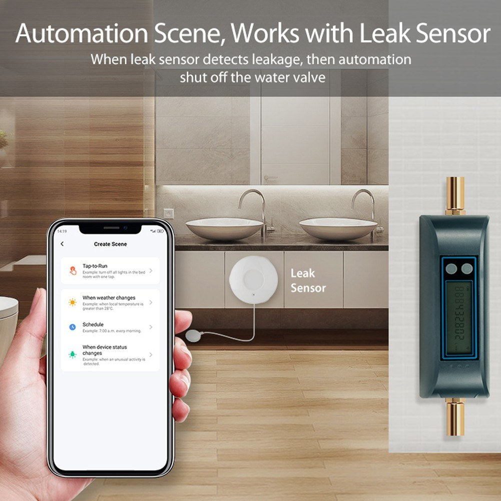 Tuya WiFi Smart Water Valve, Dual-Band Flow Meter, Mobile App Controlled Home Water Management, Compatible with Tmall Genie, Alexa, Google Assistant for Voice Control
