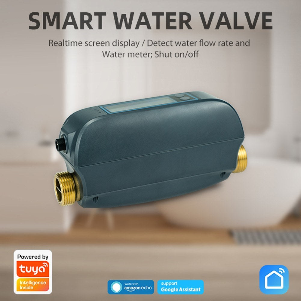 Tuya WiFi Smart Water Valve, Dual-Band Flow Meter, Mobile App Controlled Home Water Management, Compatible with Tmall Genie, Alexa, Google Assistant for Voice Control