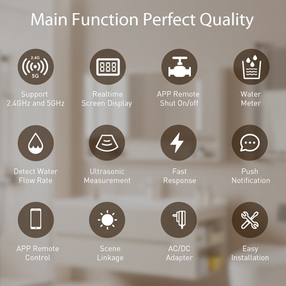 Tuya WiFi Smart Water Valve, Dual-Band Flow Meter, Mobile App Controlled Home Water Management, Compatible with Tmall Genie, Alexa, Google Assistant for Voice Control