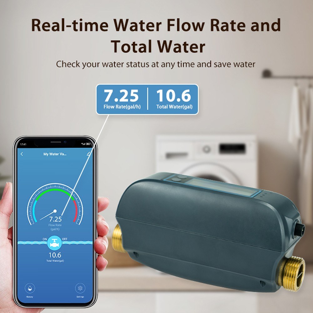 Tuya WiFi Smart Water Valve, Dual-Band Flow Meter, Mobile App Controlled Home Water Management, Compatible with Tmall Genie, Alexa, Google Assistant for Voice Control
