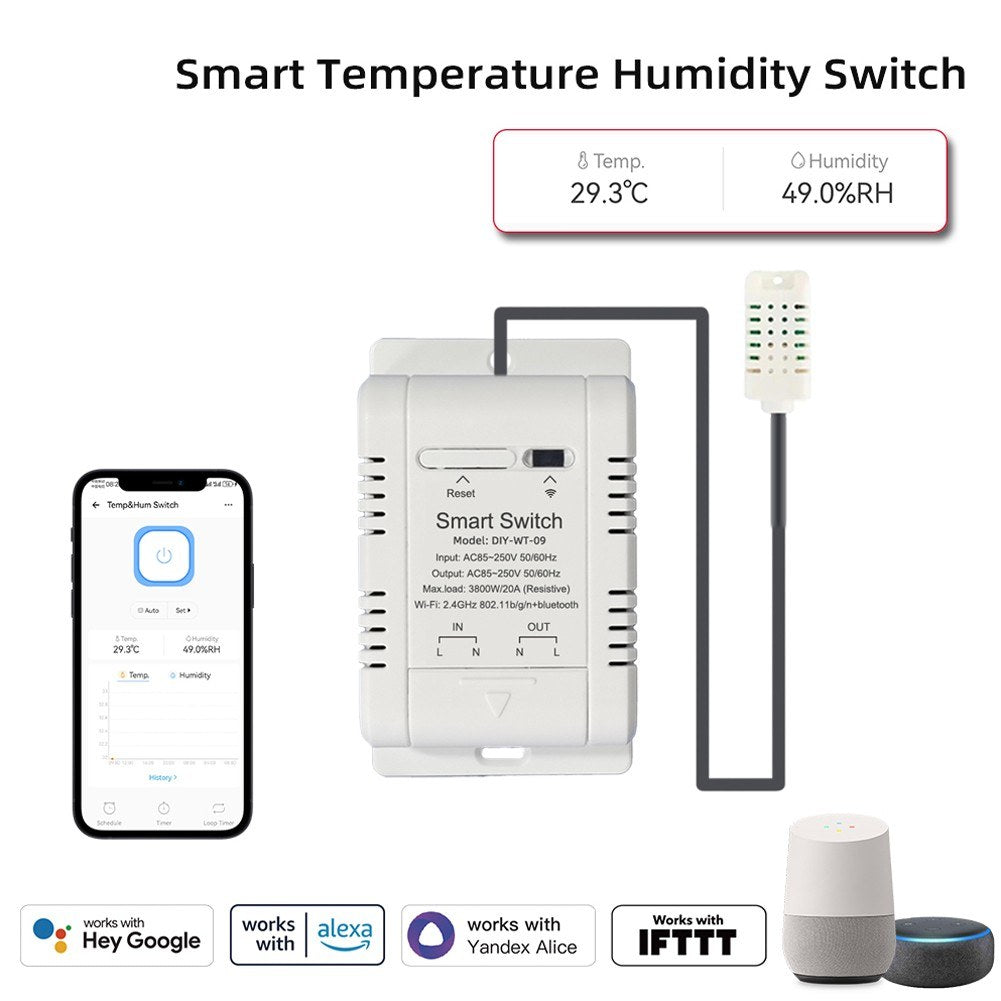 Smart WiFi Temperature & Humidity Switch, App Controlled with IFTTT, Alexa & Google Assistant Compatibility