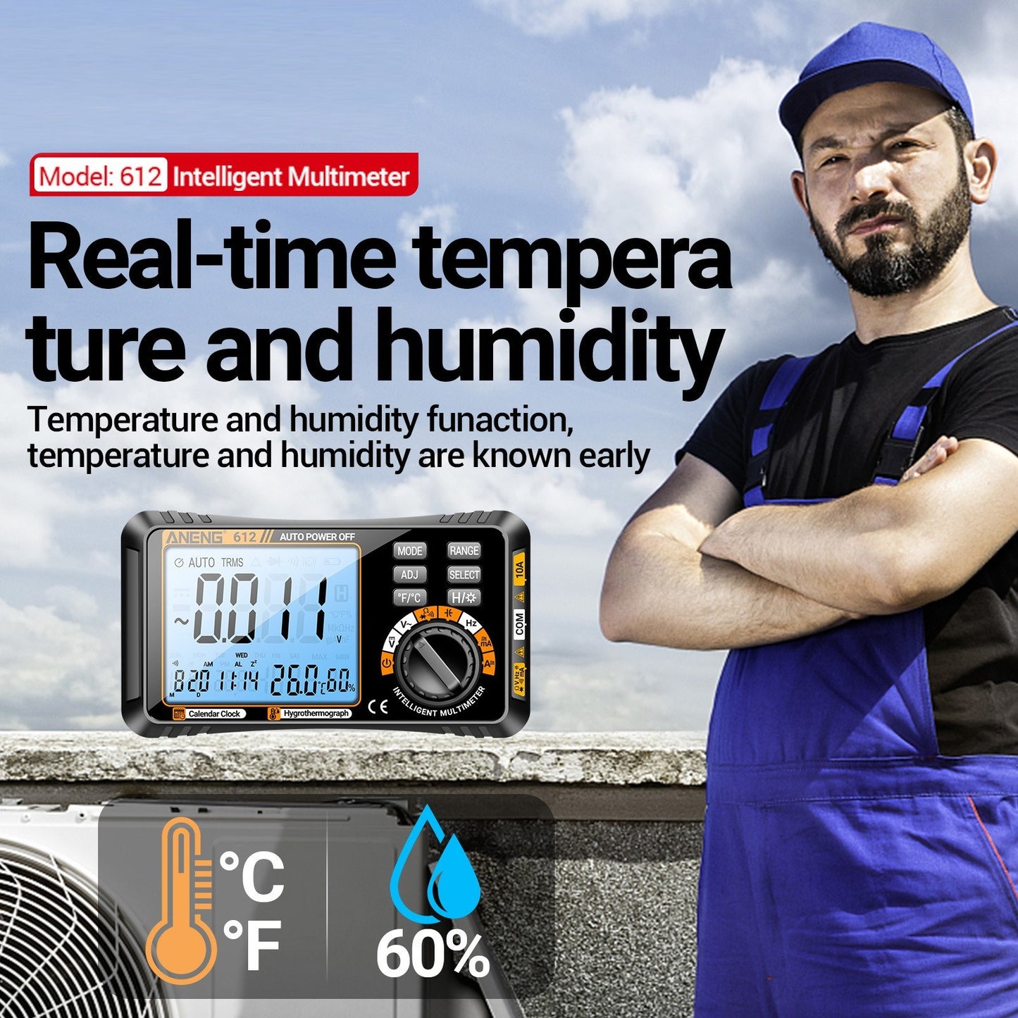 ANENG 612 Smart Digital Multimeter 3-in-1: Temperature, Humidity, Ammeter, Voltmeter - 4000 Count Professional Test Tools