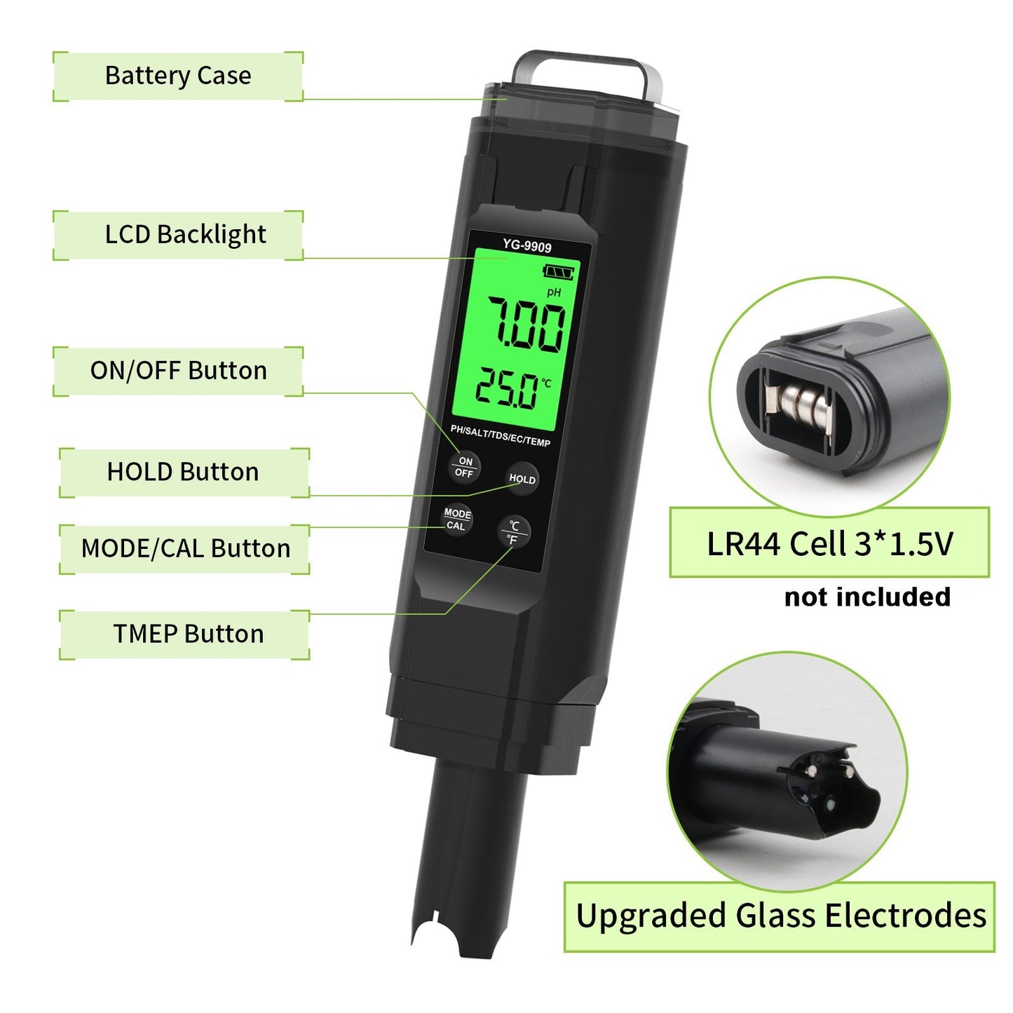 5-in-1 Water Quality Tester: PH, SALT, TDS, EC & Temperature Meter for Aquariums, Drinking Water & Pools
