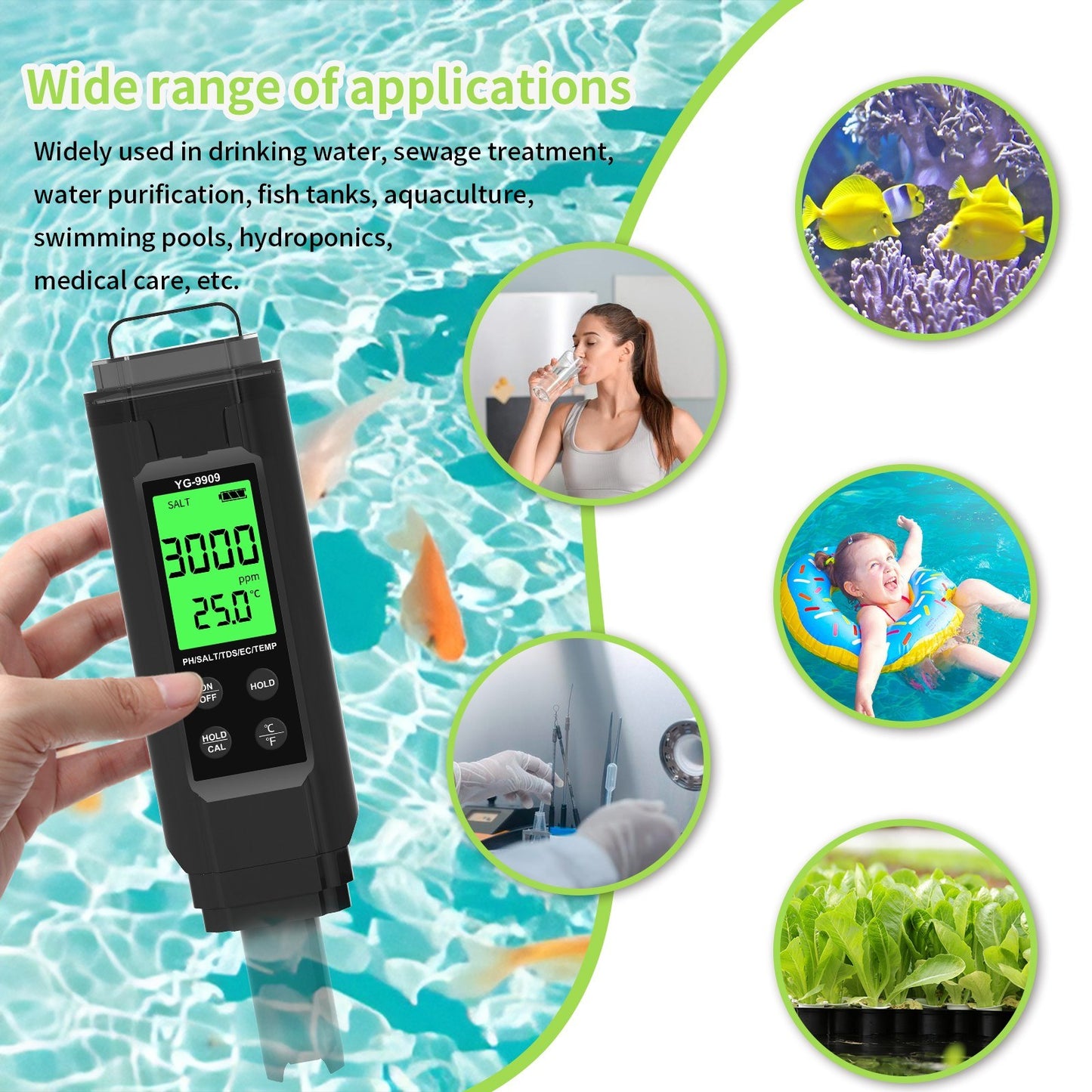 5-in-1 Water Quality Tester: PH, SALT, TDS, EC & Temperature Meter for Aquariums, Drinking Water & Pools
