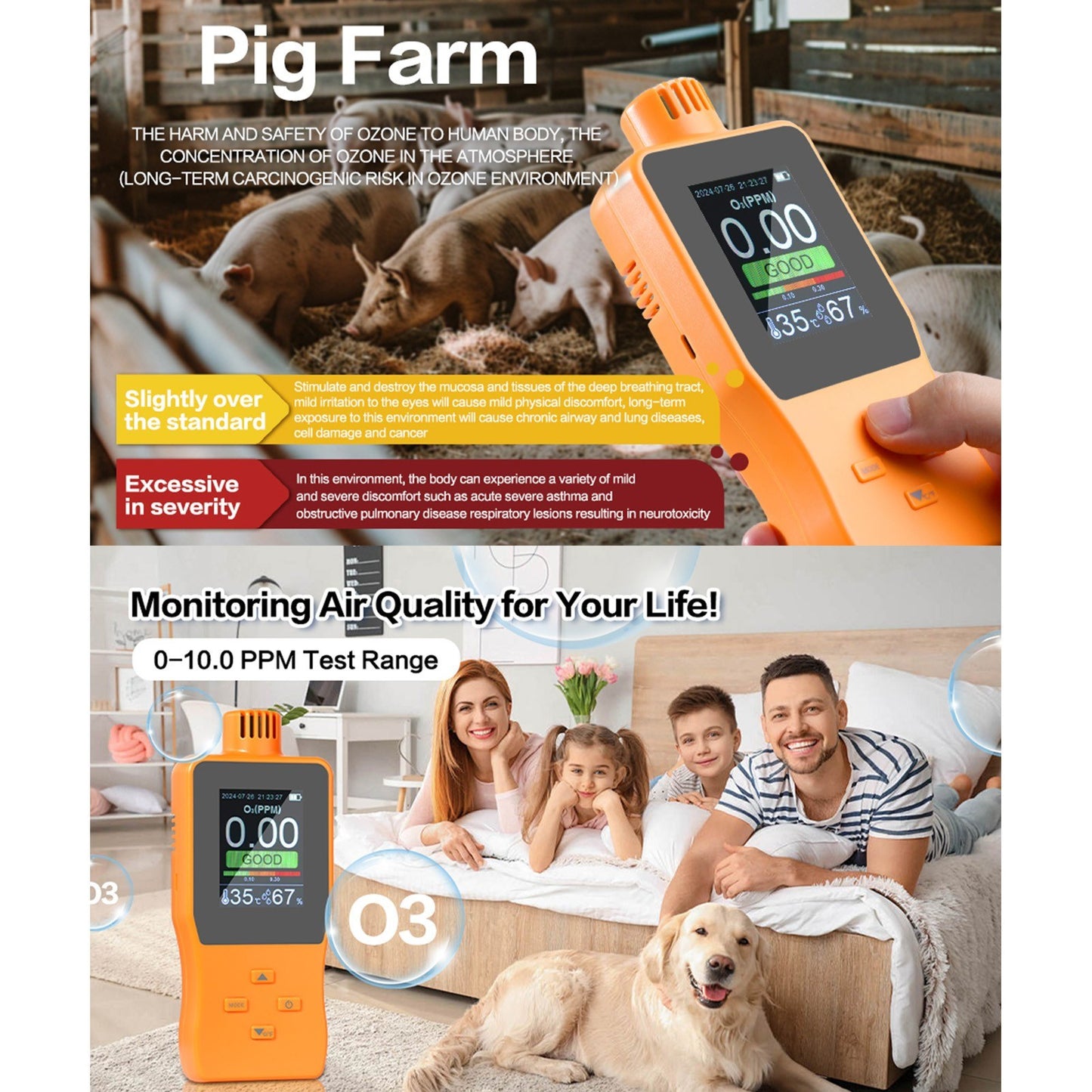 Portable O3 Ozone Detector & Air Quality Monitor with LCD, Temperature & Humidity Sensor, Adjustable Alarm