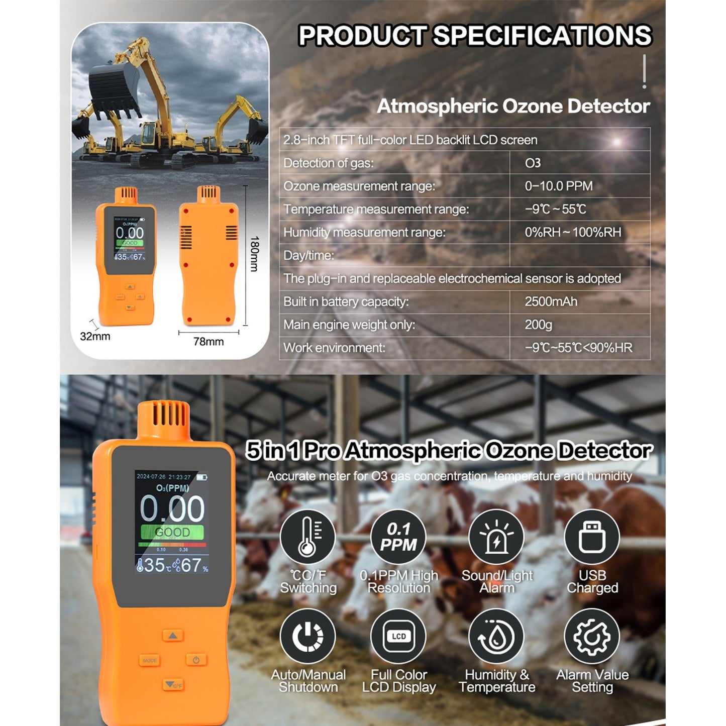 Portable O3 Ozone Detector & Air Quality Monitor with LCD, Temperature & Humidity Sensor, Adjustable Alarm