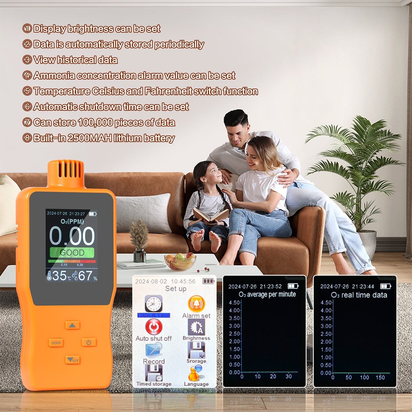 Portable O3 Ozone Detector & Air Quality Monitor with LCD, Temperature & Humidity Sensor, Adjustable Alarm