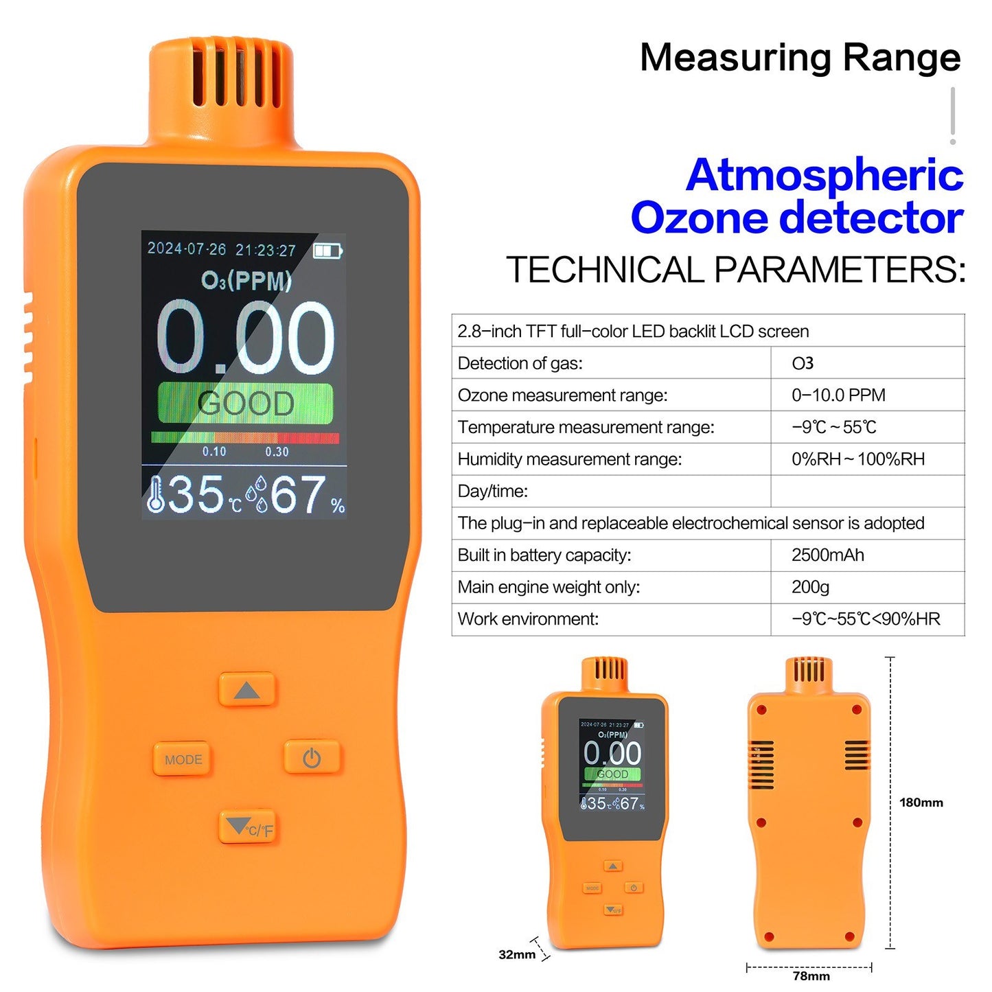 Portable O3 Ozone Detector & Air Quality Monitor with LCD, Temperature & Humidity Sensor, Adjustable Alarm