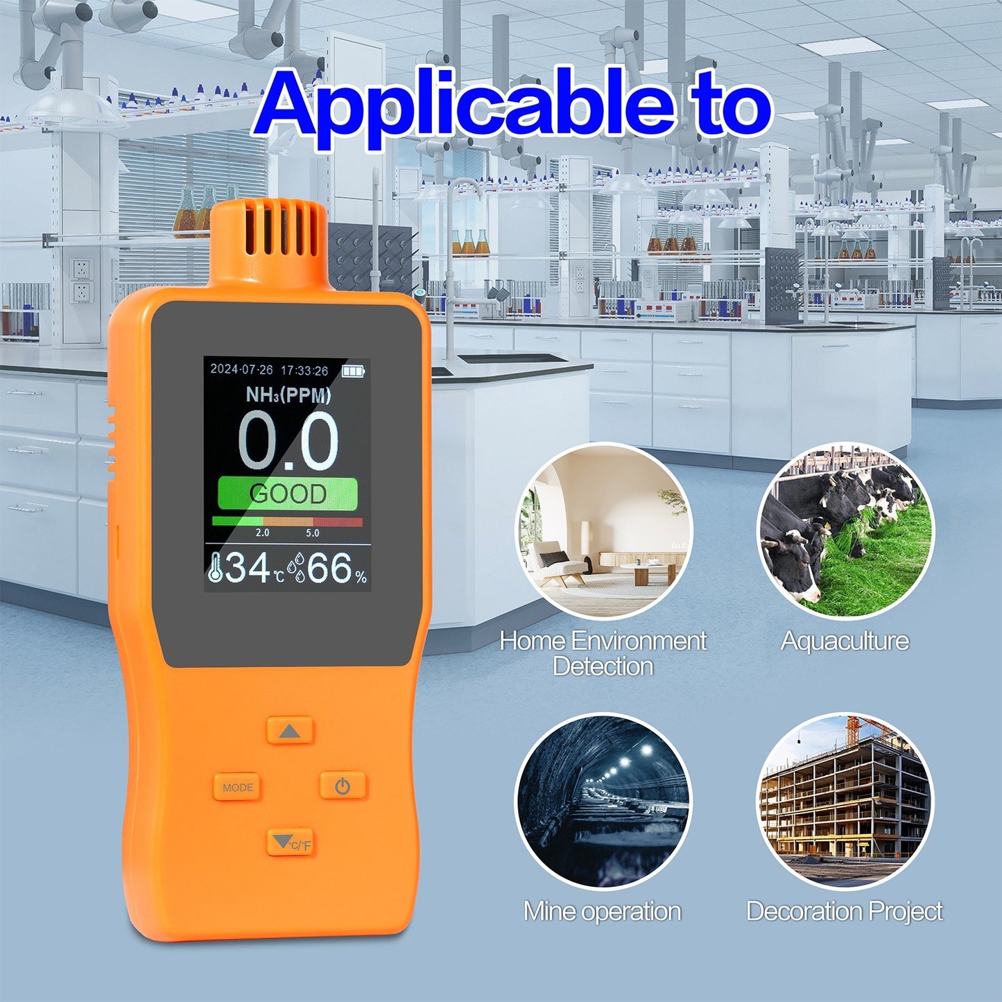 Digital Handheld Ammonia Gas Detector (0-100 PPM) with LCD Display - Temperature & Humidity Monitor for Poultry Farms