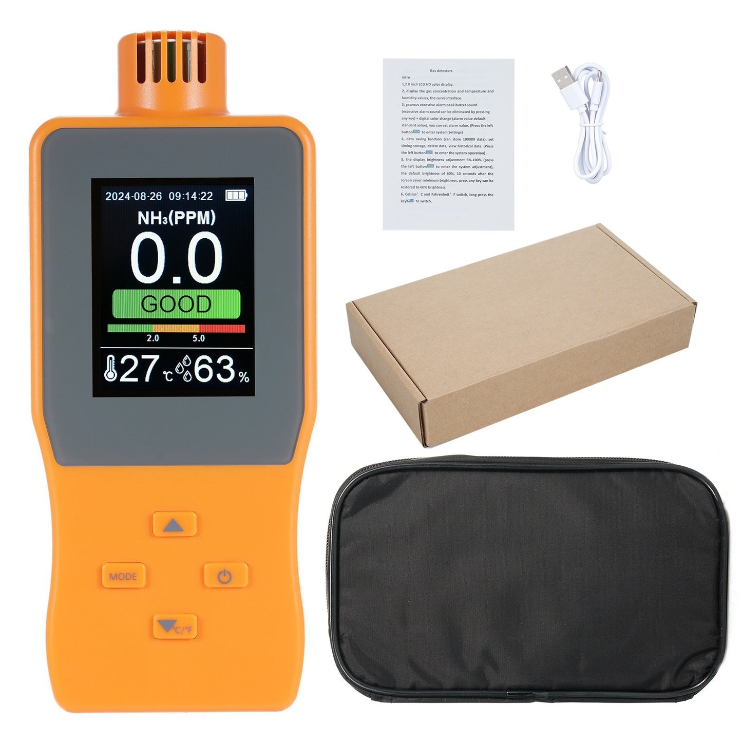 Digital Handheld Ammonia Gas Detector (0-100 PPM) with LCD Display - Temperature & Humidity Monitor for Poultry Farms