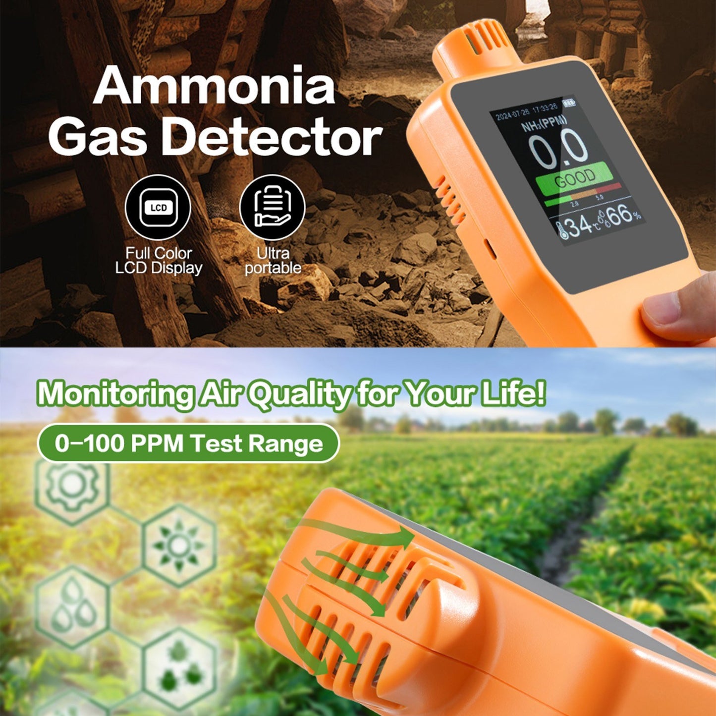 Digital Handheld Ammonia Gas Detector (0-100 PPM) with LCD Display - Temperature & Humidity Monitor for Poultry Farms