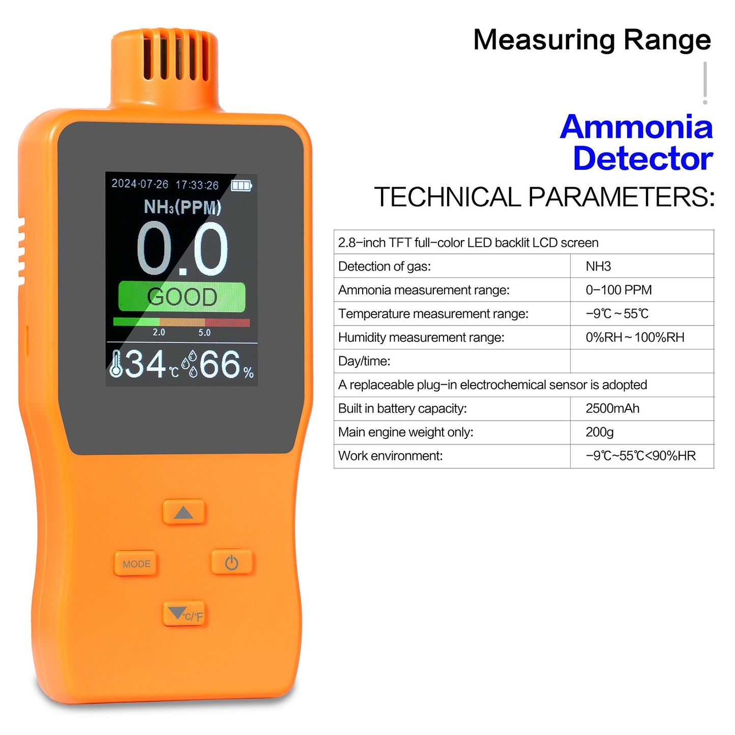 Digital Handheld Ammonia Gas Detector (0-100 PPM) with LCD Display - Temperature & Humidity Monitor for Poultry Farms