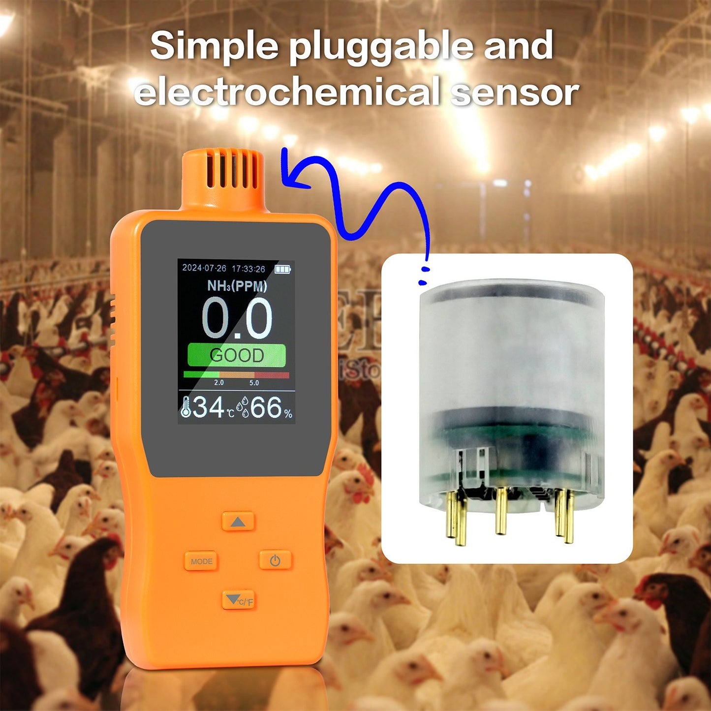 Digital Handheld Ammonia Gas Detector (0-100 PPM) with LCD Display - Temperature & Humidity Monitor for Poultry Farms