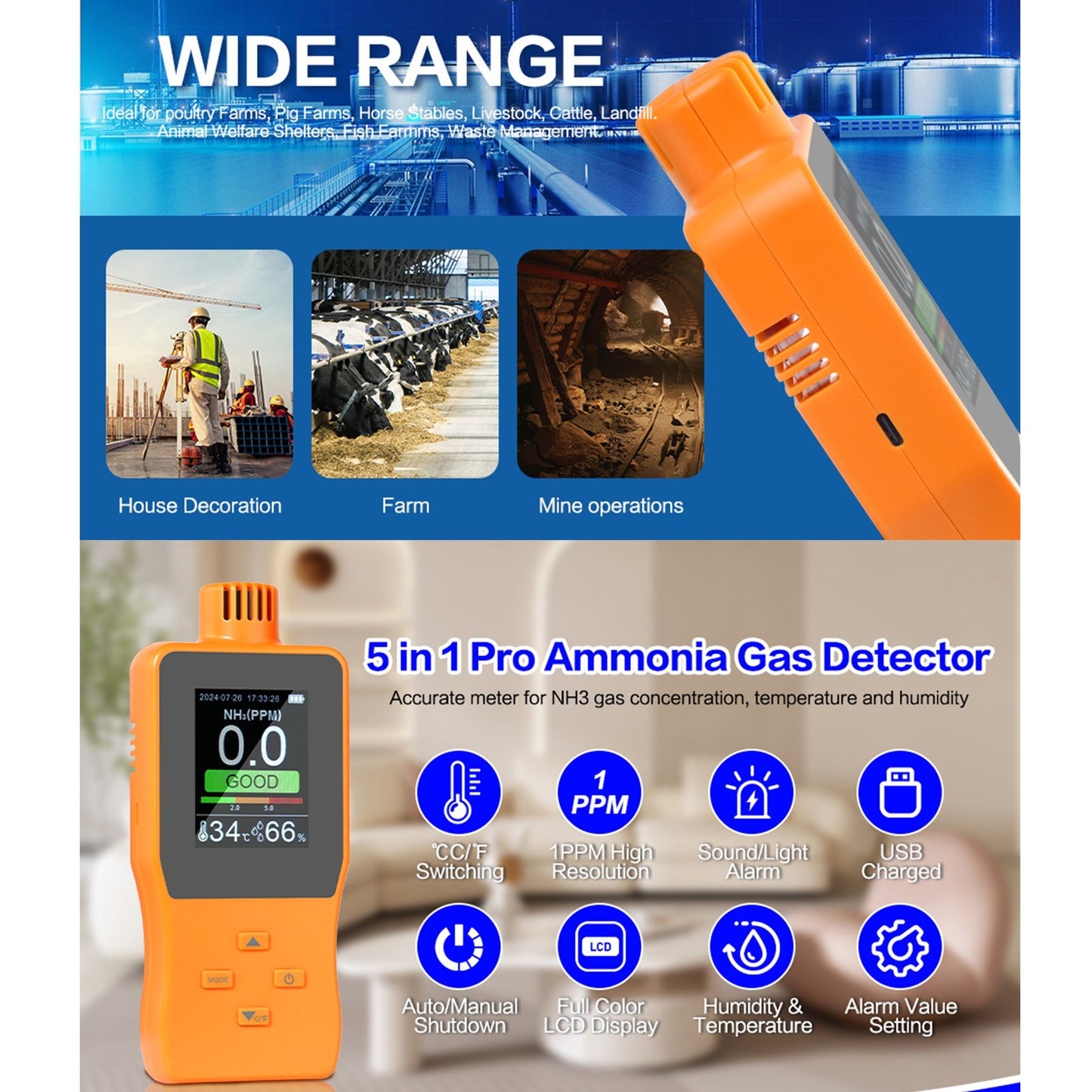 Digital Handheld Ammonia Gas Detector (0-100 PPM) with LCD Display - Temperature & Humidity Monitor for Poultry Farms