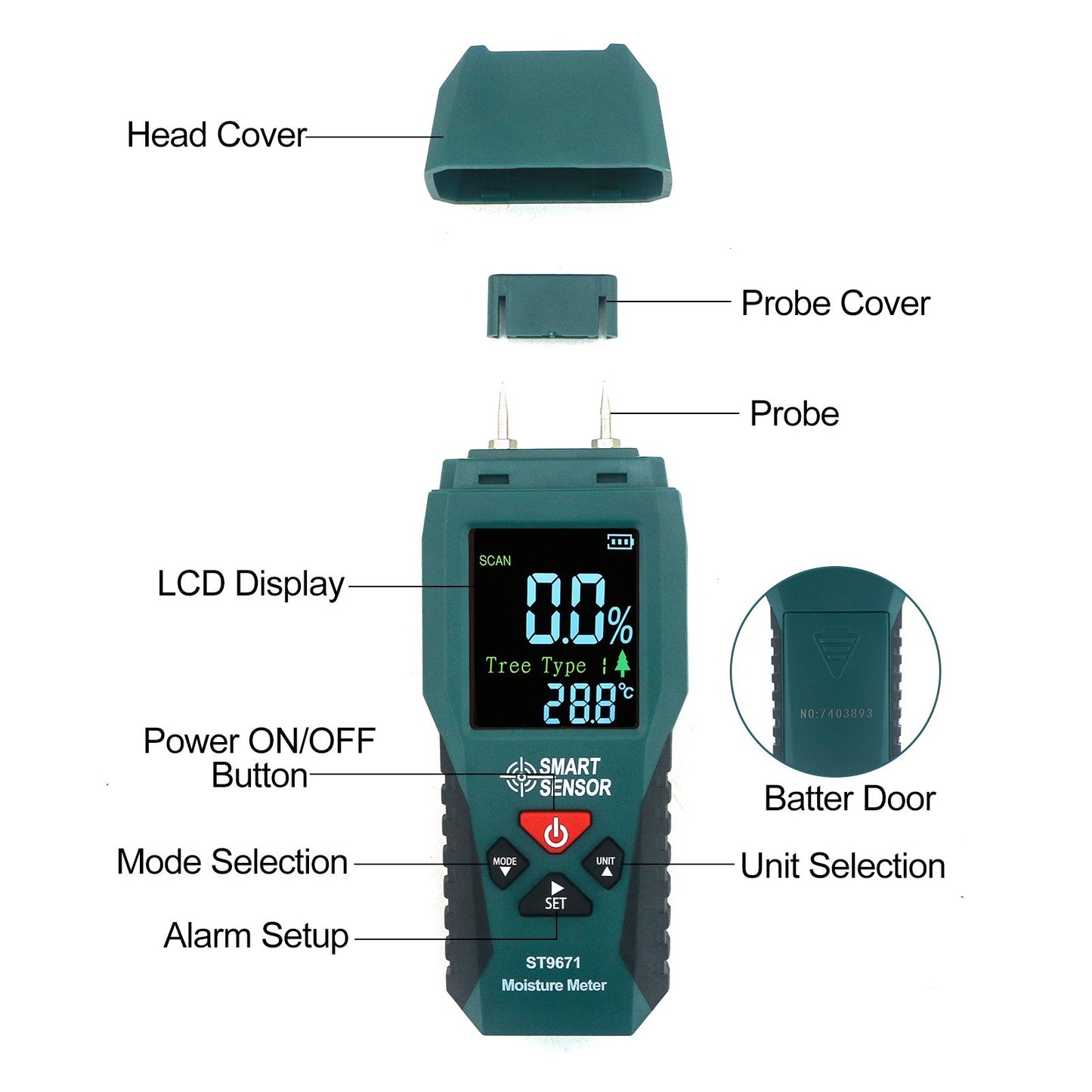 Pocket-Size SMART SENSOR Wood Moisture Meter with LCD Display - Pin Type Humidity Detector for Wood, Bamboo, Paper, Herbs, 4 Modes
