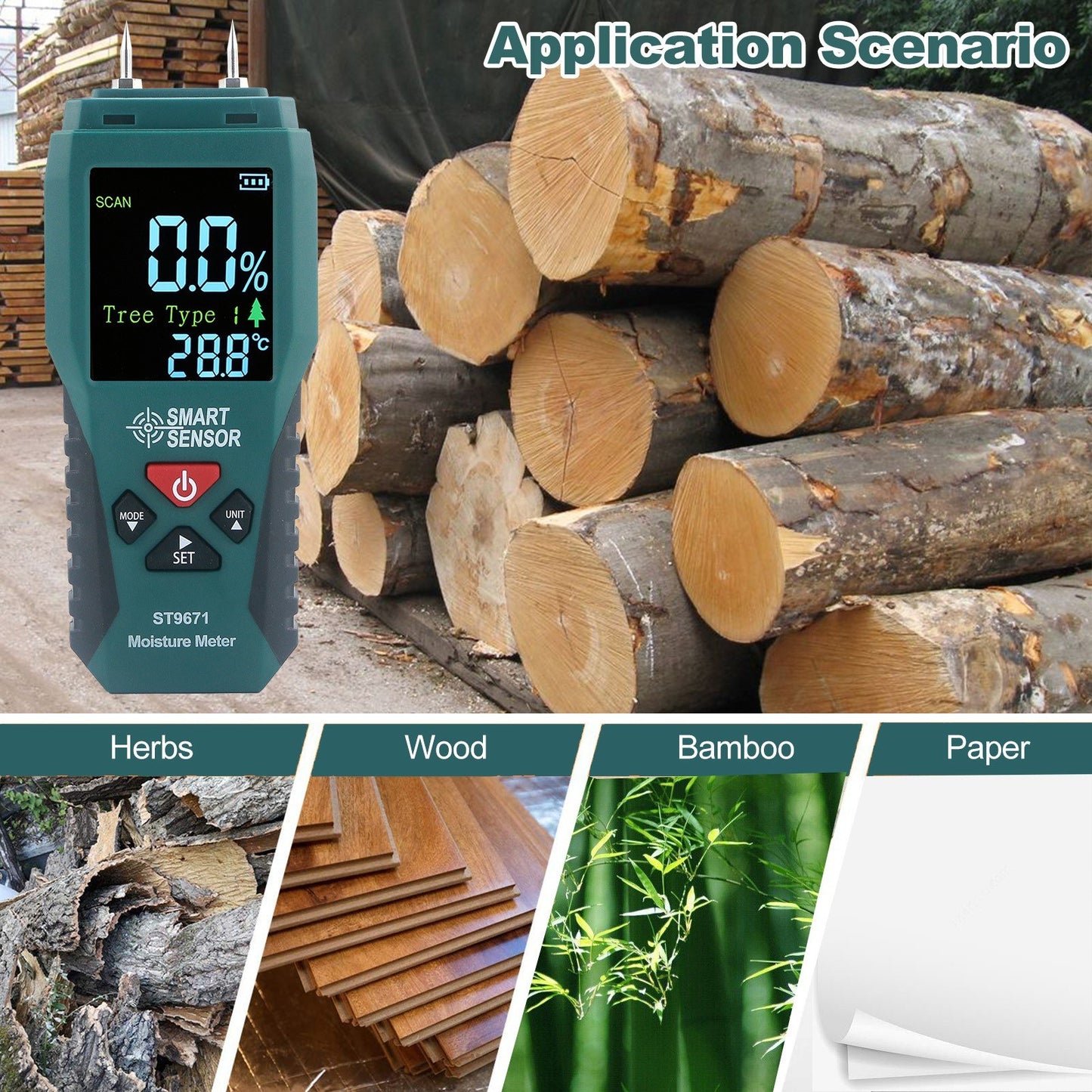 Pocket-Size SMART SENSOR Wood Moisture Meter with LCD Display - Pin Type Humidity Detector for Wood, Bamboo, Paper, Herbs, 4 Modes