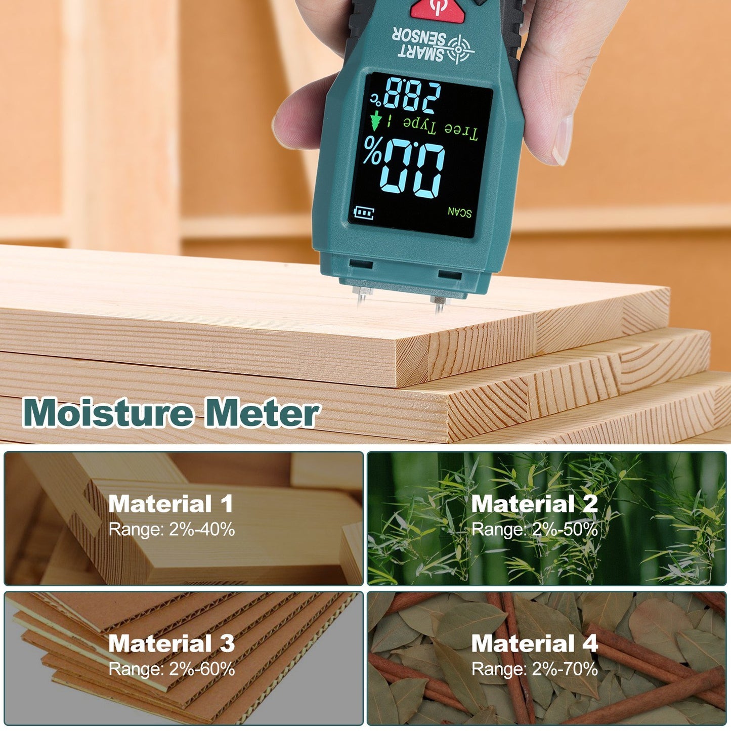Pocket-Size SMART SENSOR Wood Moisture Meter with LCD Display - Pin Type Humidity Detector for Wood, Bamboo, Paper, Herbs, 4 Modes
