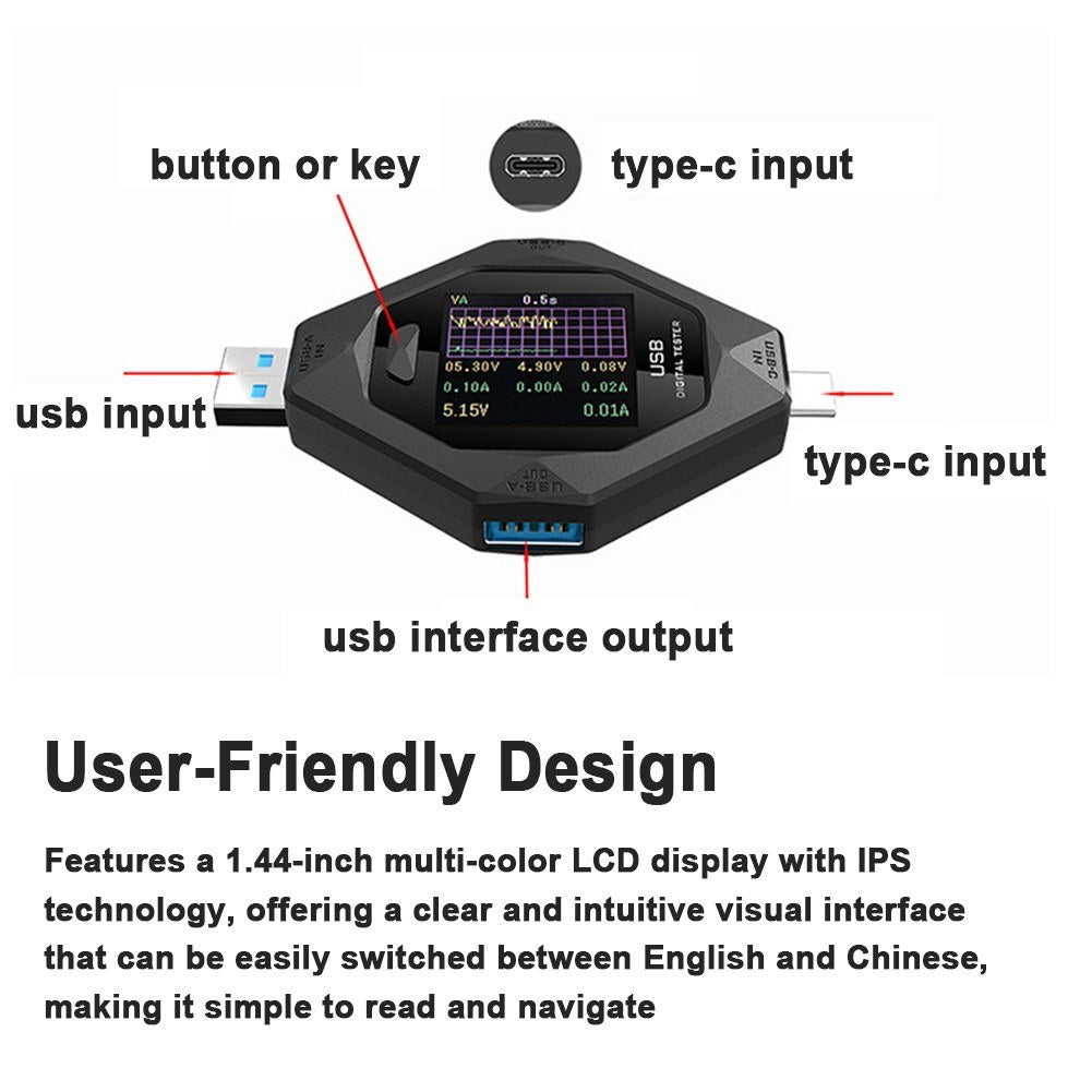 Multi-Function USB-C Digital Power Meter for Voltage, Current, & Charging Detection on Type-C and USB Devices