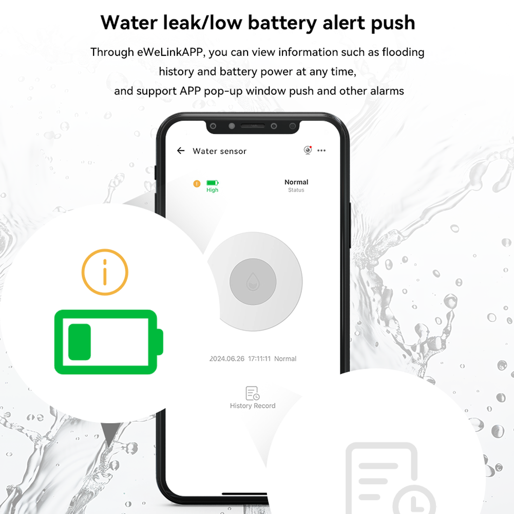 Zigbee Water Leak Sensor with Mobile App Control, High Precision Detection, Alarm Function & History Tracking, IP66 Waterproof