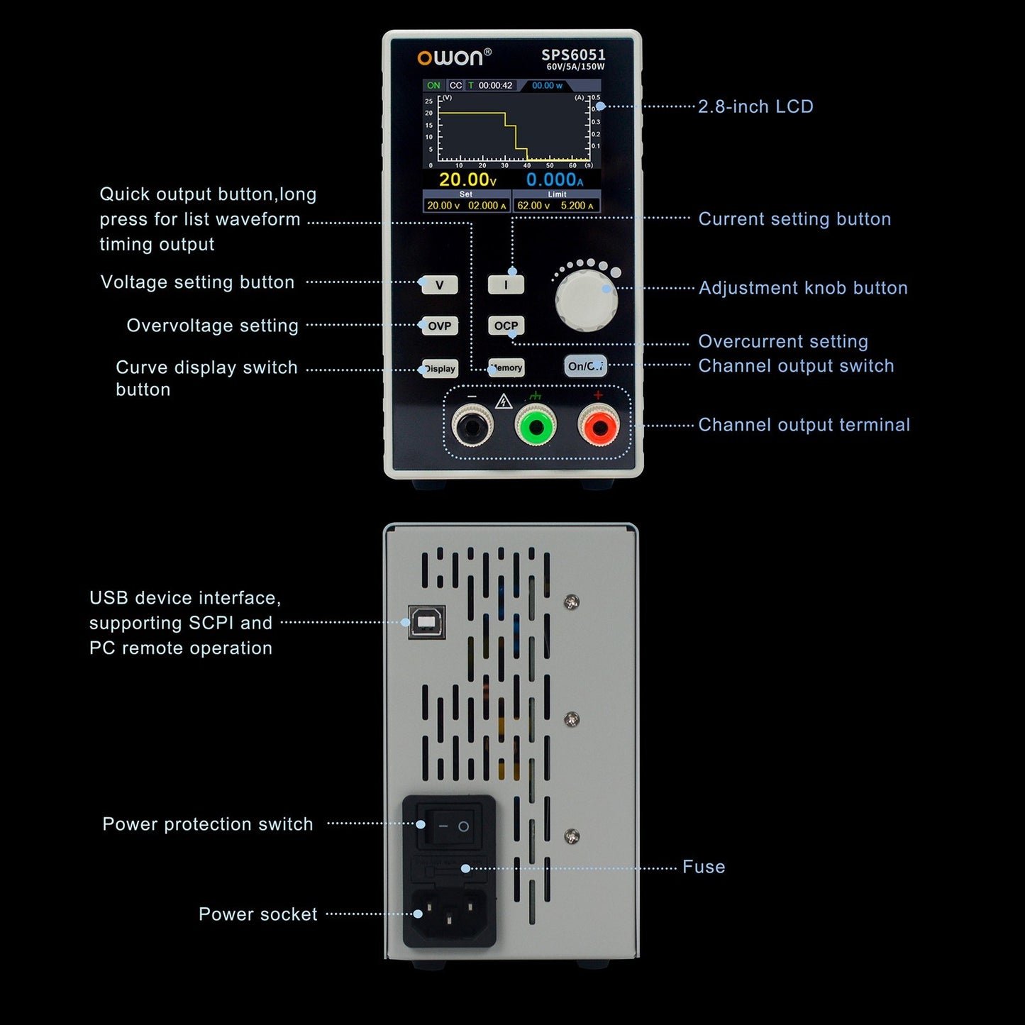 OWON SPS6051 Programmable Linear DC Power Supply with Silent Fanless Design & 2.8 TFT LCD