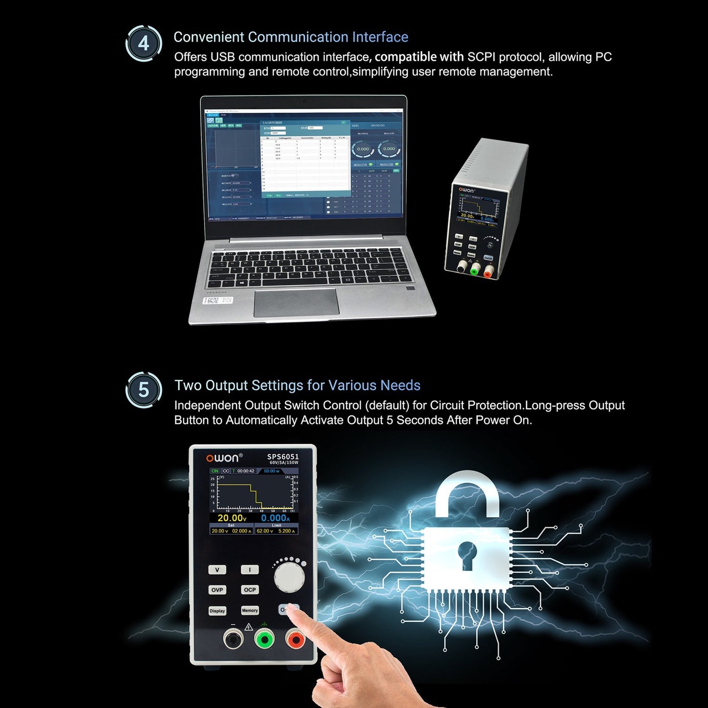 OWON SPS6051 Programmable Linear DC Power Supply with Silent Fanless Design & 2.8 TFT LCD