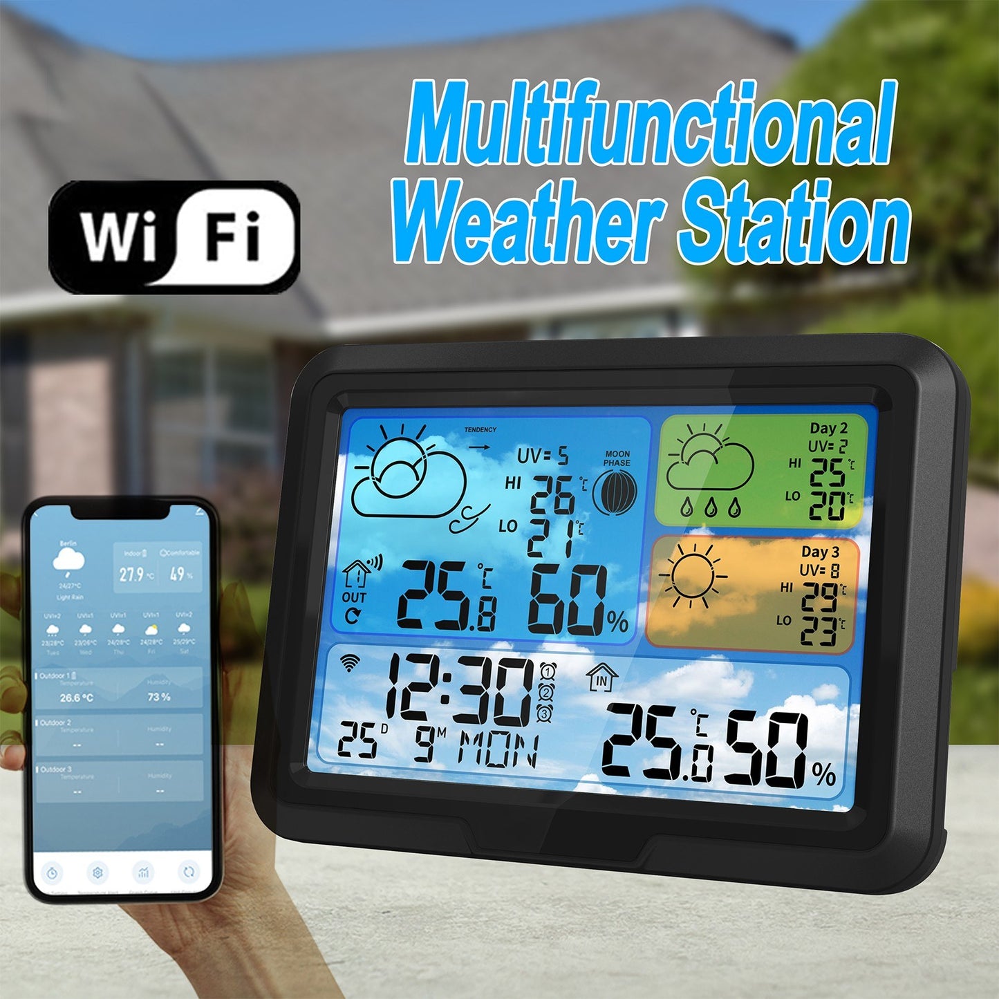 Smart WiFi Weather Station: Indoor/Outdoor Thermometer with App, Color Display, Digital Forecast, Moon Phase & UV Tracking