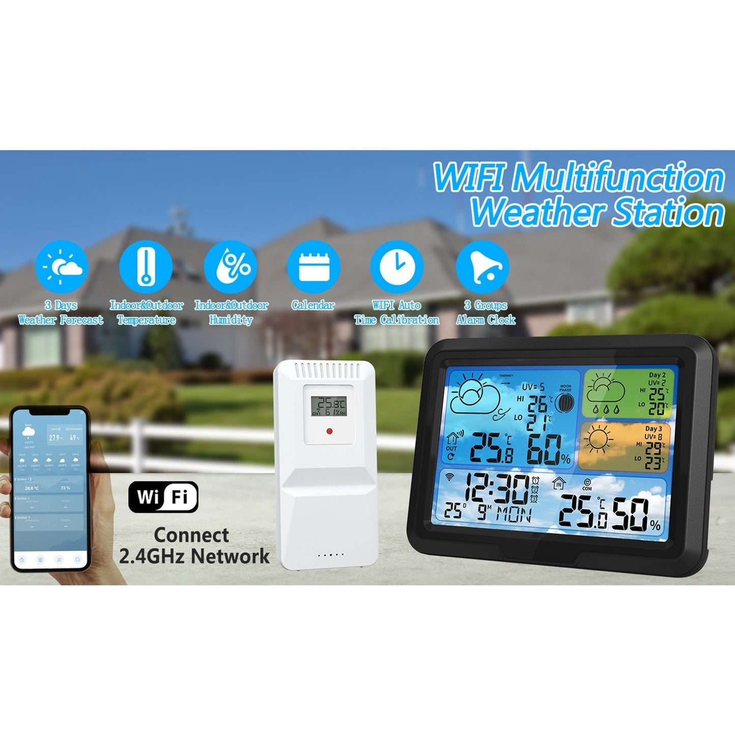 Smart WiFi Weather Station: Indoor/Outdoor Thermometer with App, Color Display, Digital Forecast, Moon Phase & UV Tracking