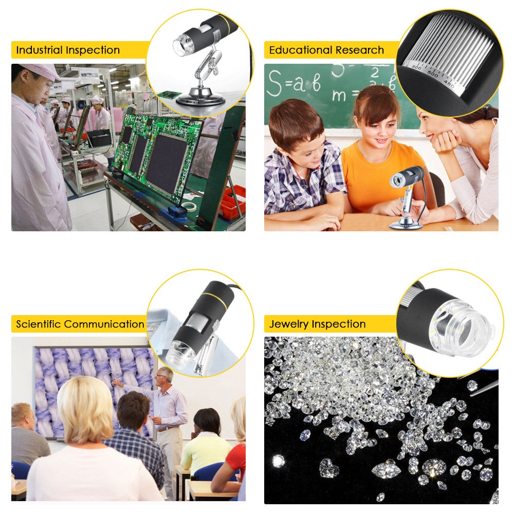 USB Digital Microscope, 1000X Magnification, OTG Endoscope, 8-LED Light with Stand