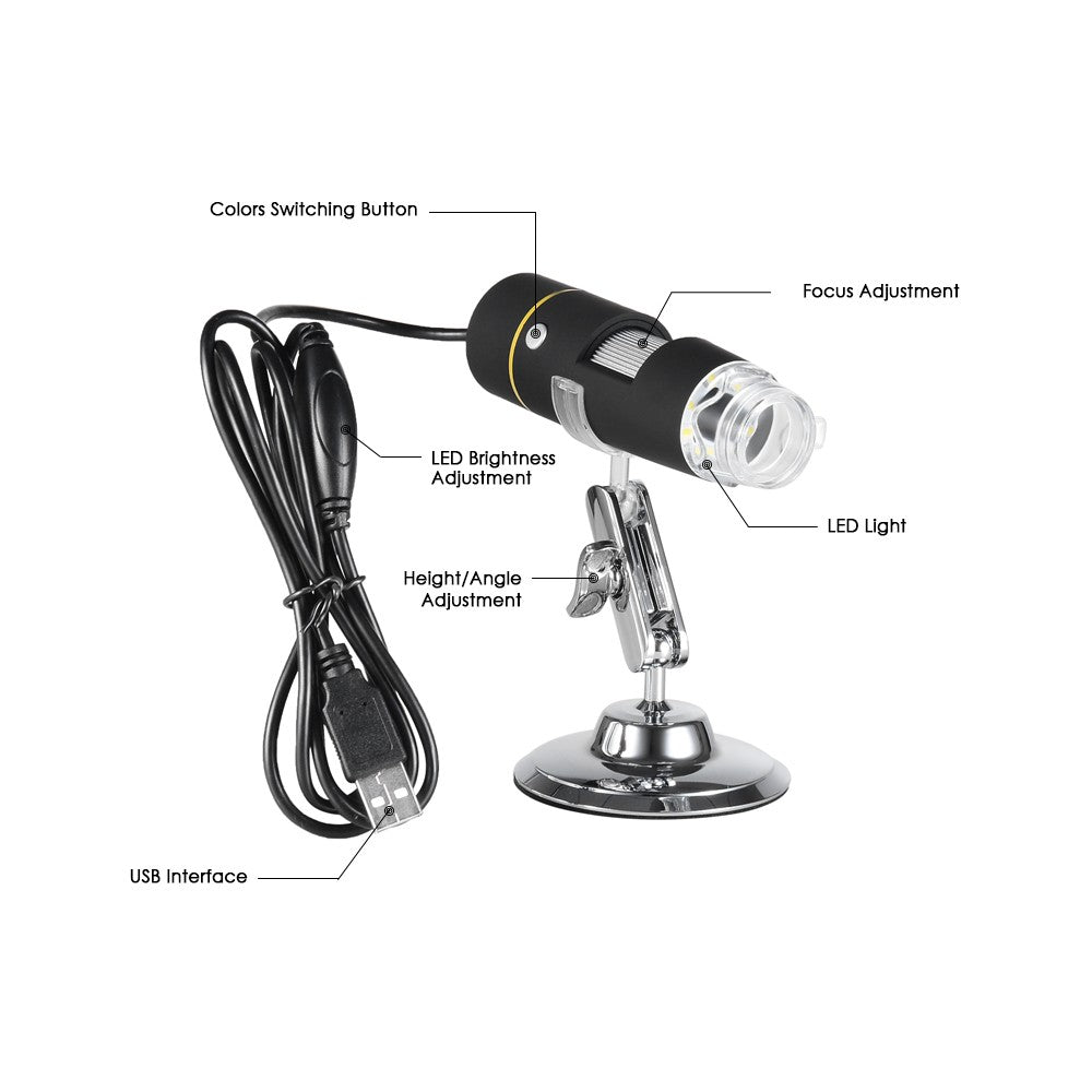 USB Digital Microscope, 1000X Magnification, OTG Endoscope, 8-LED Light with Stand