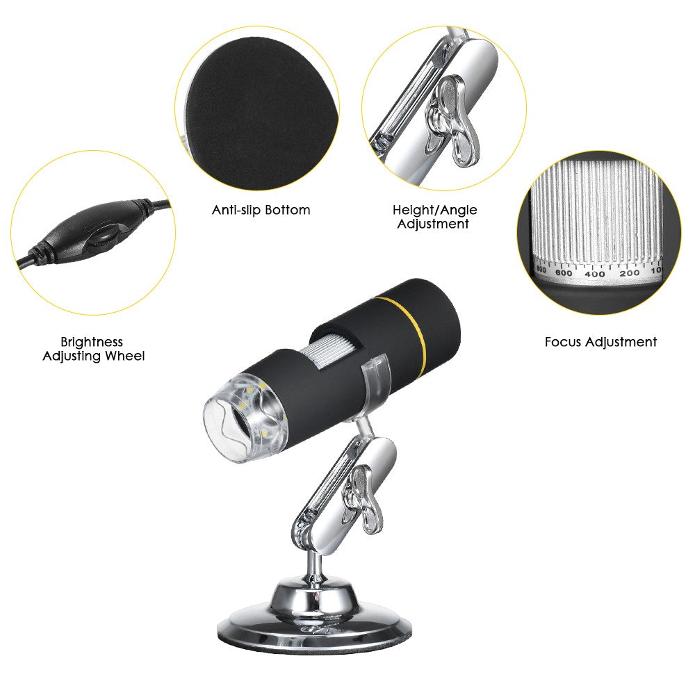 USB Digital Microscope, 1000X Magnification, OTG Endoscope, 8-LED Light with Stand