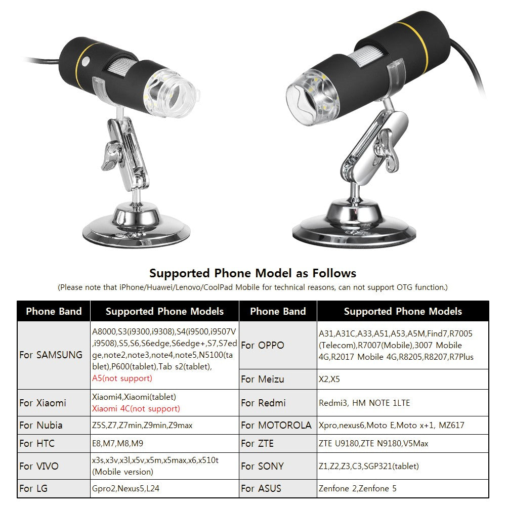USB Digital Microscope, 1000X Magnification, OTG Endoscope, 8-LED Light with Stand