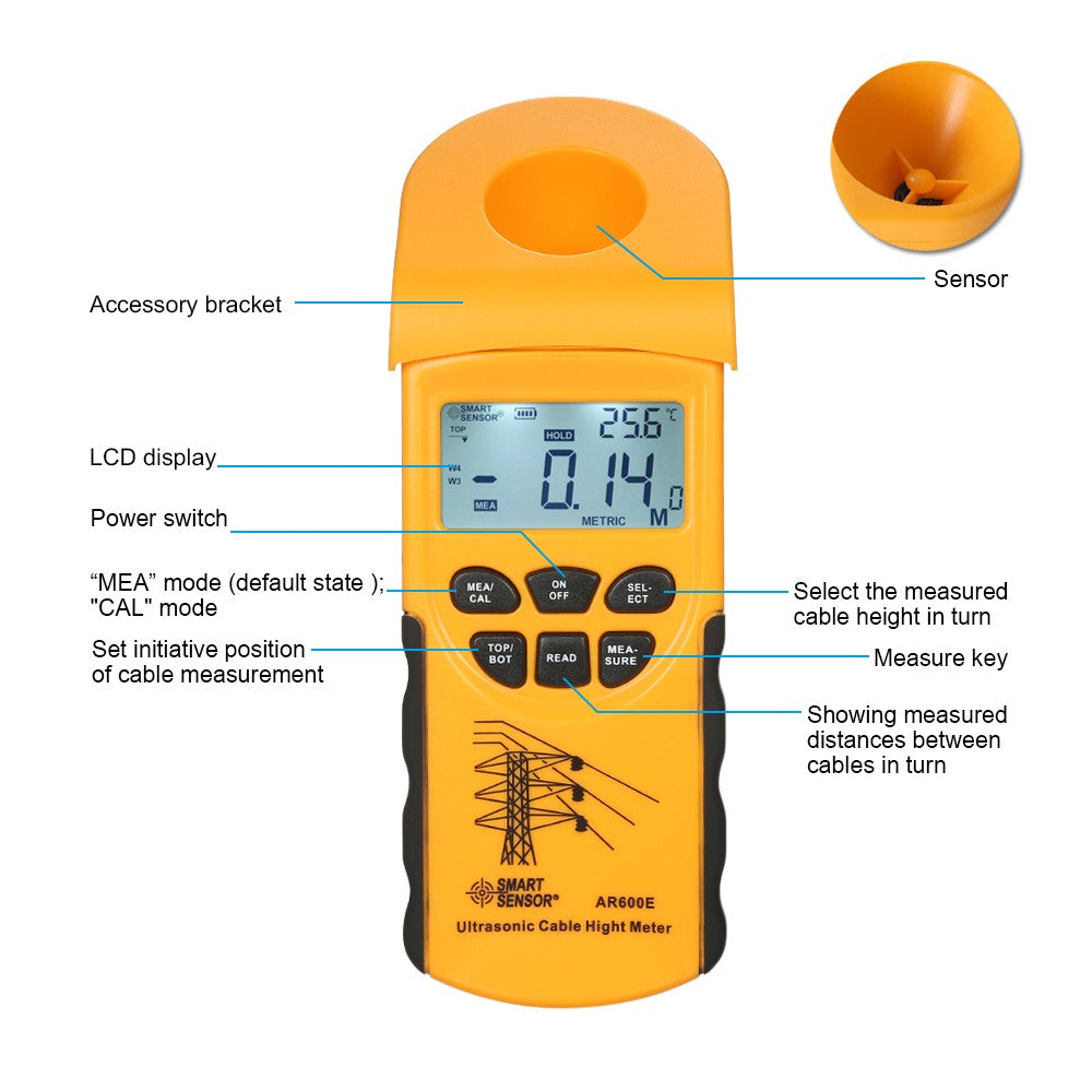 SMART SENSOR Ultrasonic Cable Height Meter: Handheld Digital LCD Tester for Overhead Cables 3-23m