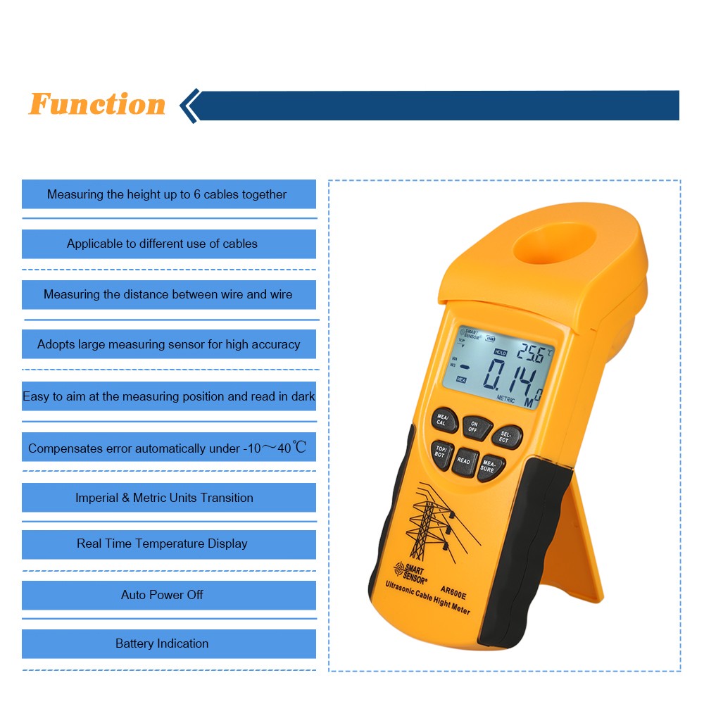 SMART SENSOR Ultrasonic Cable Height Meter: Handheld Digital LCD Tester for Overhead Cables 3-23m