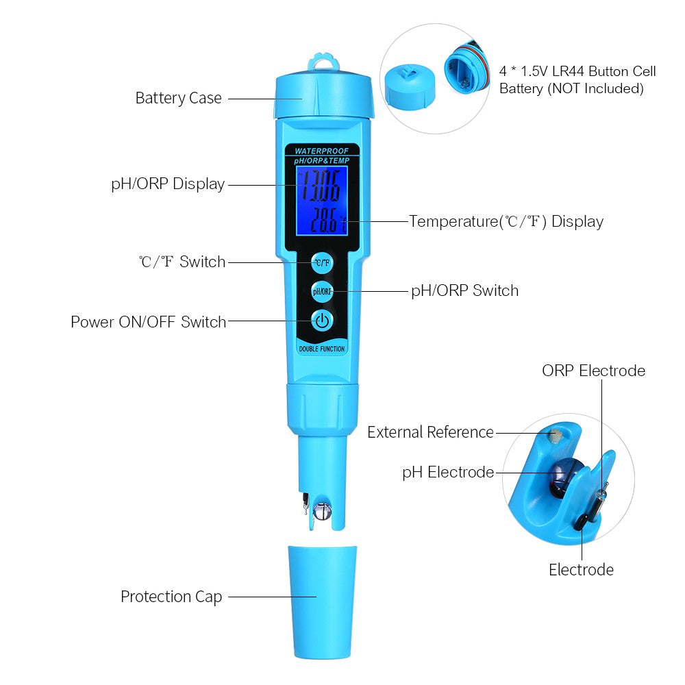 3-in-1 Digital Water Quality Meter: pH, ORP, Temp Detector with LCD Display