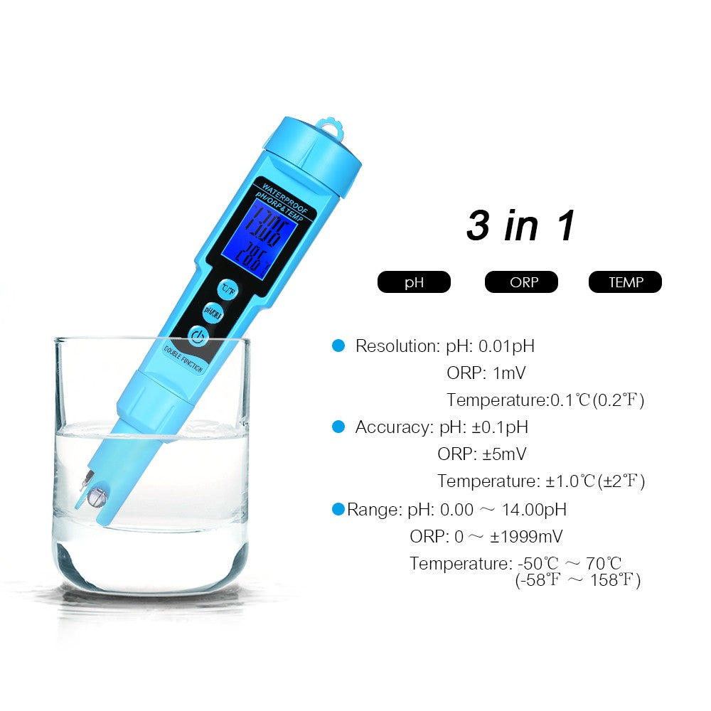 3-in-1 Digital Water Quality Meter: pH, ORP, Temp Detector with LCD Display