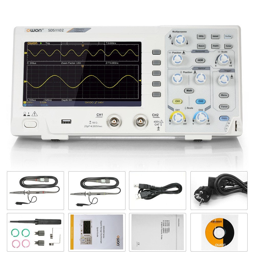 Owon SDS1102 Digital Storage Oscilloscope - 2CH, 100MHz, 1GS/s, 7 LCD Display