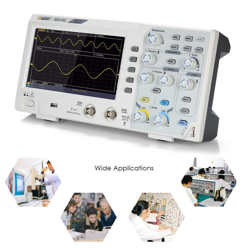 Owon SDS1102 Digital Storage Oscilloscope - 2CH, 100MHz, 1GS/s, 7 LCD Display