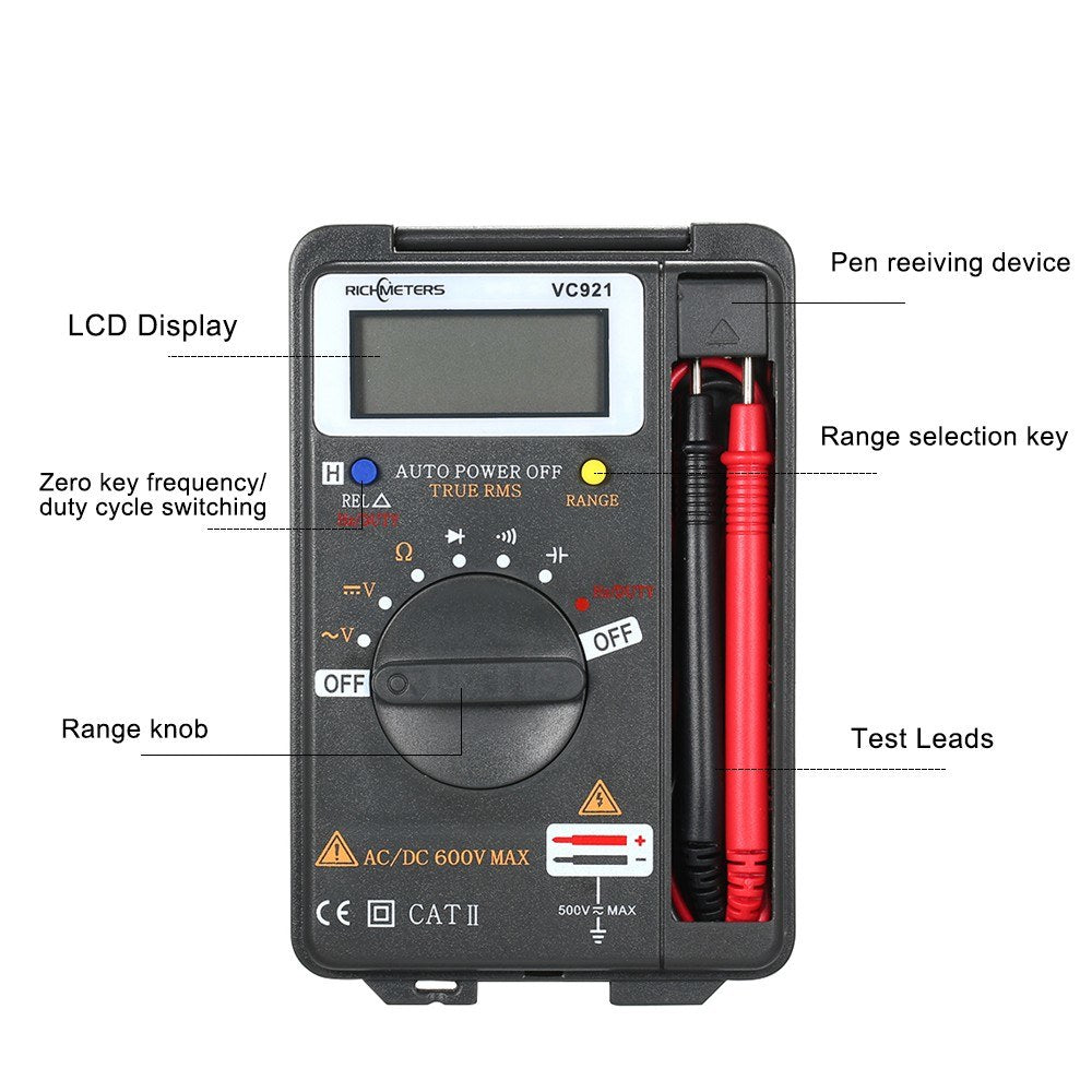 RICHMETERS VC921 Handheld Mini Digital Multimeter 4000 Counts AC/DC Voltage Tester Ammeter with Temperature Sensor & Test Probe
