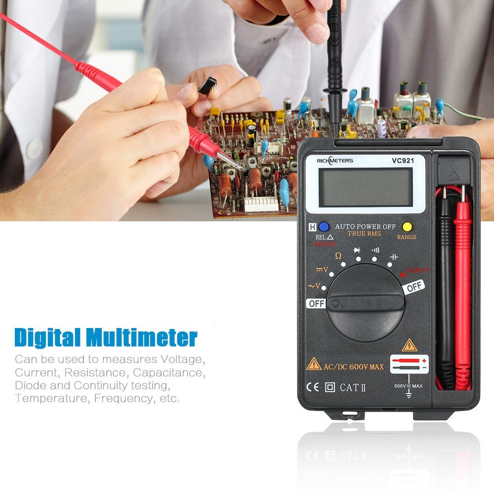 RICHMETERS VC921 Handheld Mini Digital Multimeter 4000 Counts AC/DC Voltage Tester Ammeter with Temperature Sensor & Test Probe